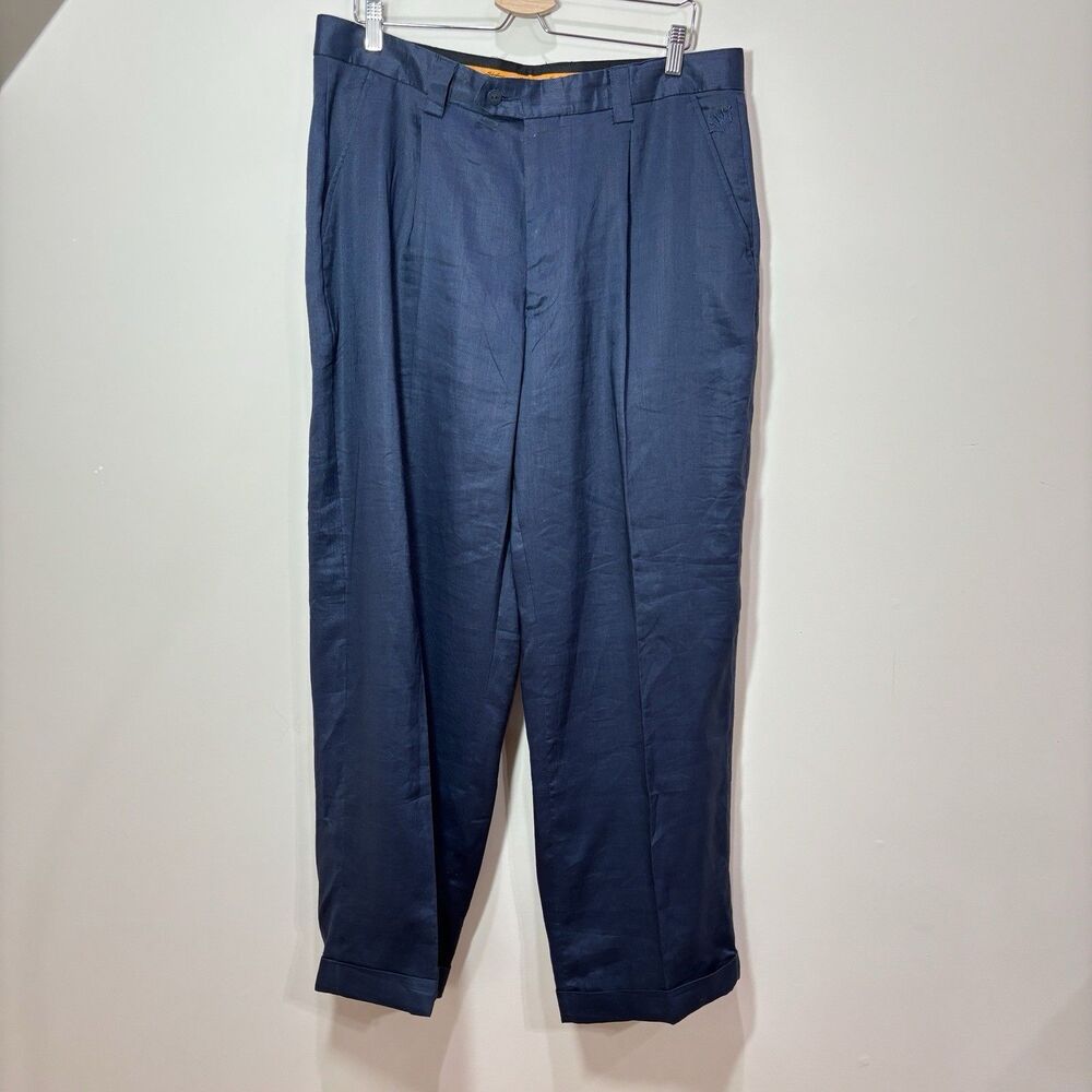 Steve Harvey Mens 38x30 Navy Blue 100% Linen Pleated Cuffed Dress Pants
